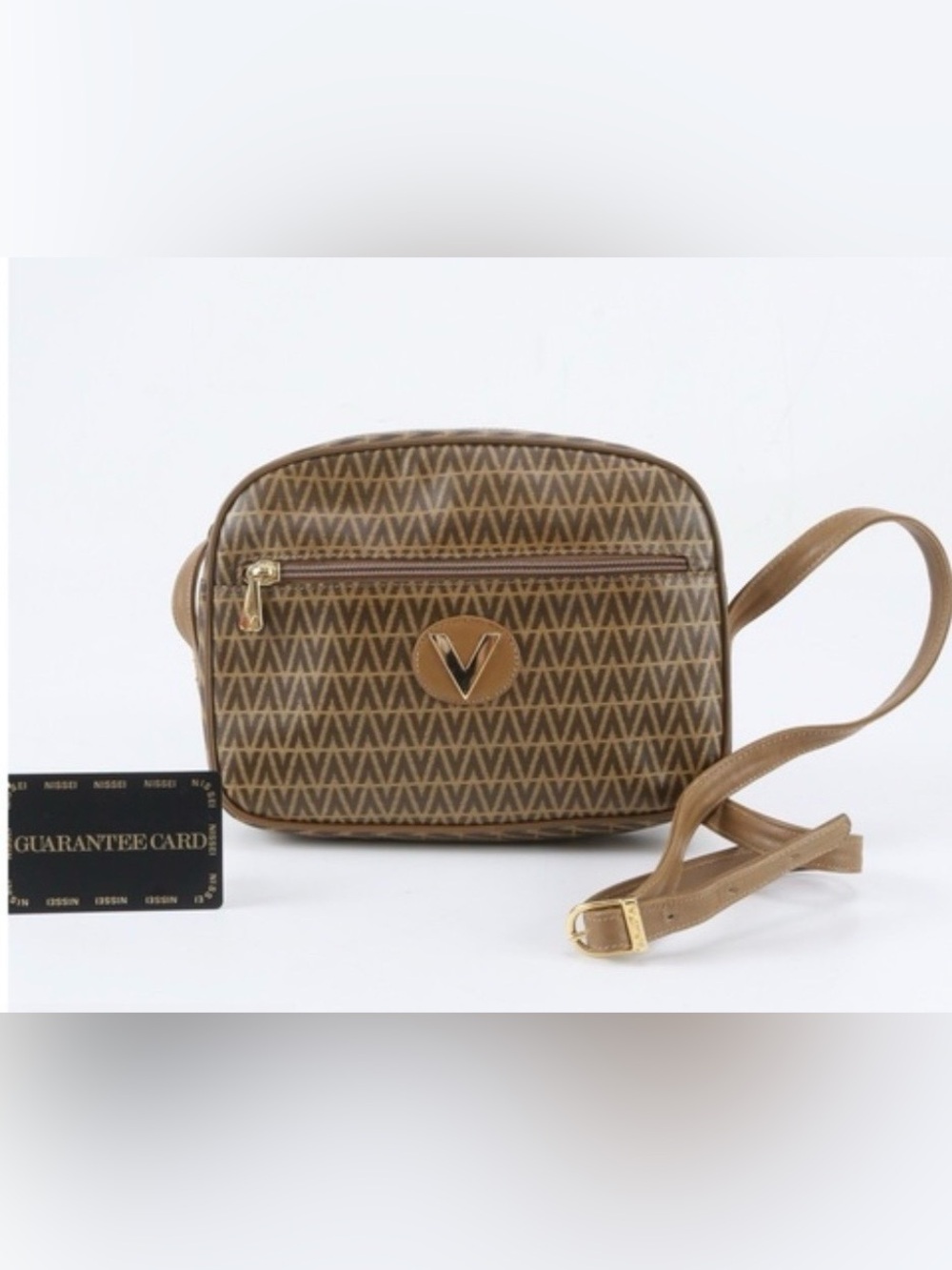 Vintage Mario Valentino Brown Monogram Crossbody Bag with Gold V Accent